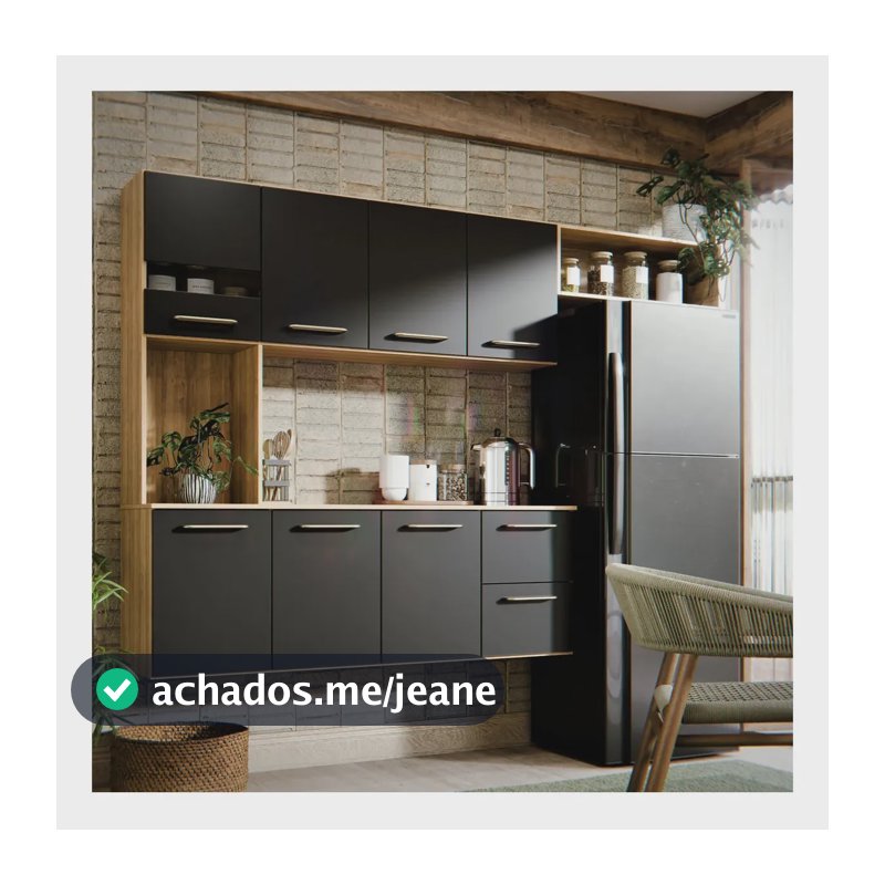 Armário De Cozinha Completa Aéreo 7 Portas E 2 Gavetas Planejada Compacta Suspenso Preto E Carvalho Nature Amadeirado Juliana
