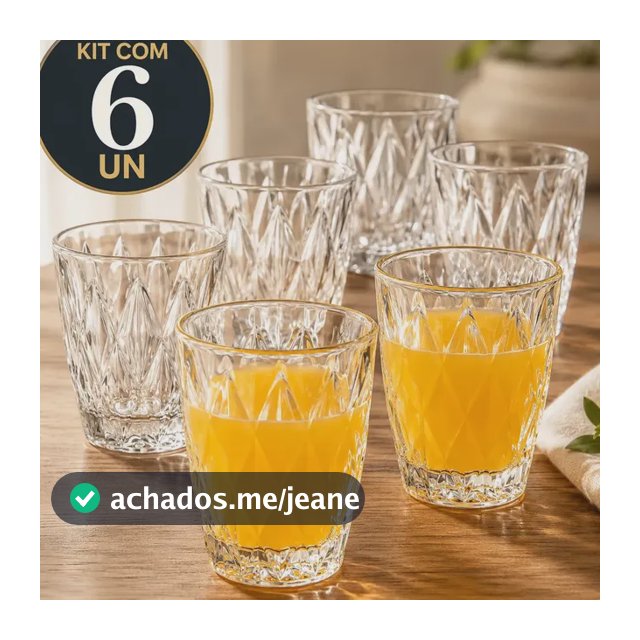 Jogo 6 Copos 300ML Grande Vidro Grosso Diamond Resistente Transparente Kit para Drink Água Suco Restaurante Diamante Sólar