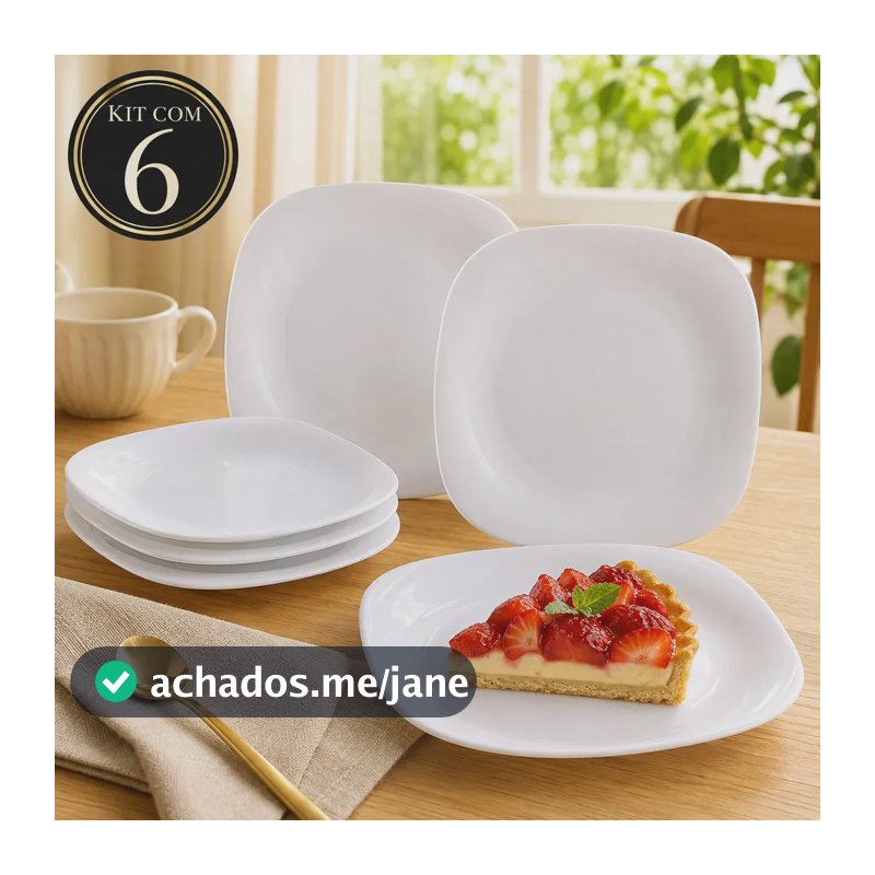 Kit 6 Pratos de Sobremesa Quadrados em Vidro Opalino Branco 21 cm para Mesa
