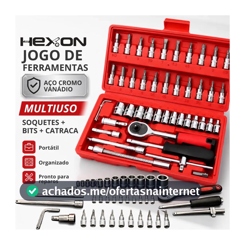 Kit Ferramentas 46 Peças Com Soquetes e Chaves Para Carro e Casa Vermelho Hexon