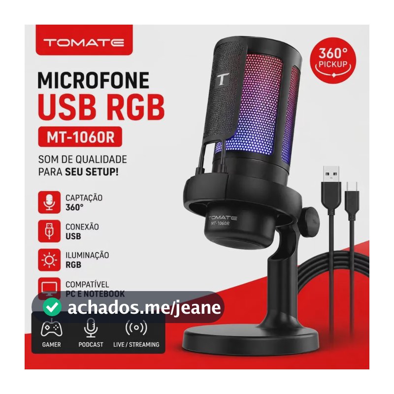 Microfone Condensador Tomate MT-1060R USB para Streaming e PC Com Luz LED
