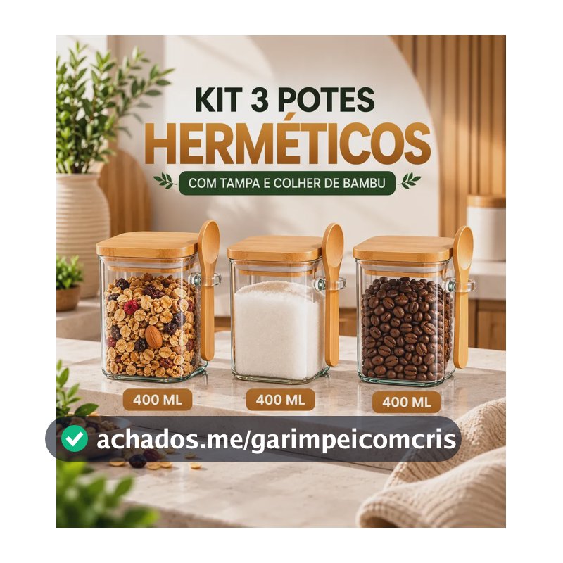 Kit 3 Potes Hermetico Vidro 400ml Tampa E Colher De Bambu Transparente