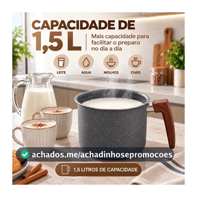 Leiteira Fervedor Antiaderente 1,5L Granito Alumínio para Indução Gás Elétrico Vitrocerâmico Cabo Amadeirado Cinza granito