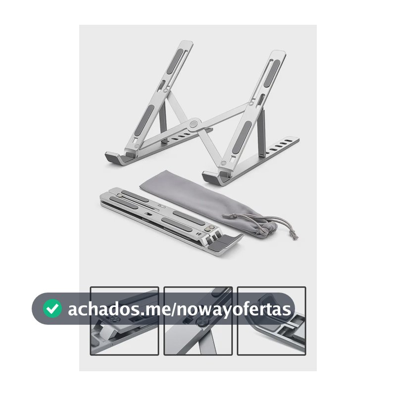 Suporte Para Notebook e Macbook de Alumínio Dobrável Prateado Ajuste de Altura e Inclinação Confortáve Base Antiderrapante Portátil Articulado Reforçado Ergonomico Universal Para 14 a 20 Polegadas