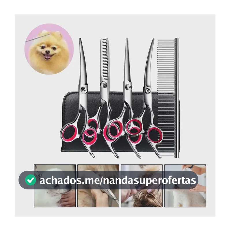 5 Tesoura Pet Cão Reta Curva Petshop Tosa Profissional Rosa