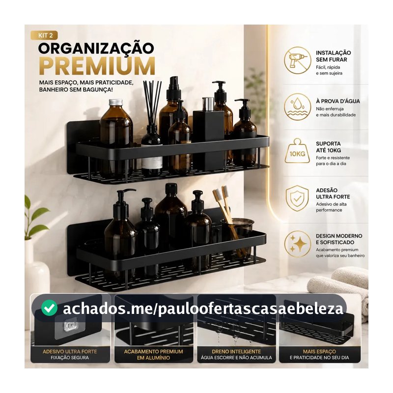 Kit 2 Suporte Porta Shampoo Sabonete Prateleira Banheiro Adesivo Parede Sem Furar Box Luxo Pétalas Douradas Organizador Alumínio Preto Antiferrugem Premium