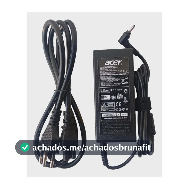 Fonte Carregador Acer Aspire 65W 19V 3,42A Pino Fino 3.0x1.0mm Preto Bivolt Não Serve Plug 5.5x1.7mm