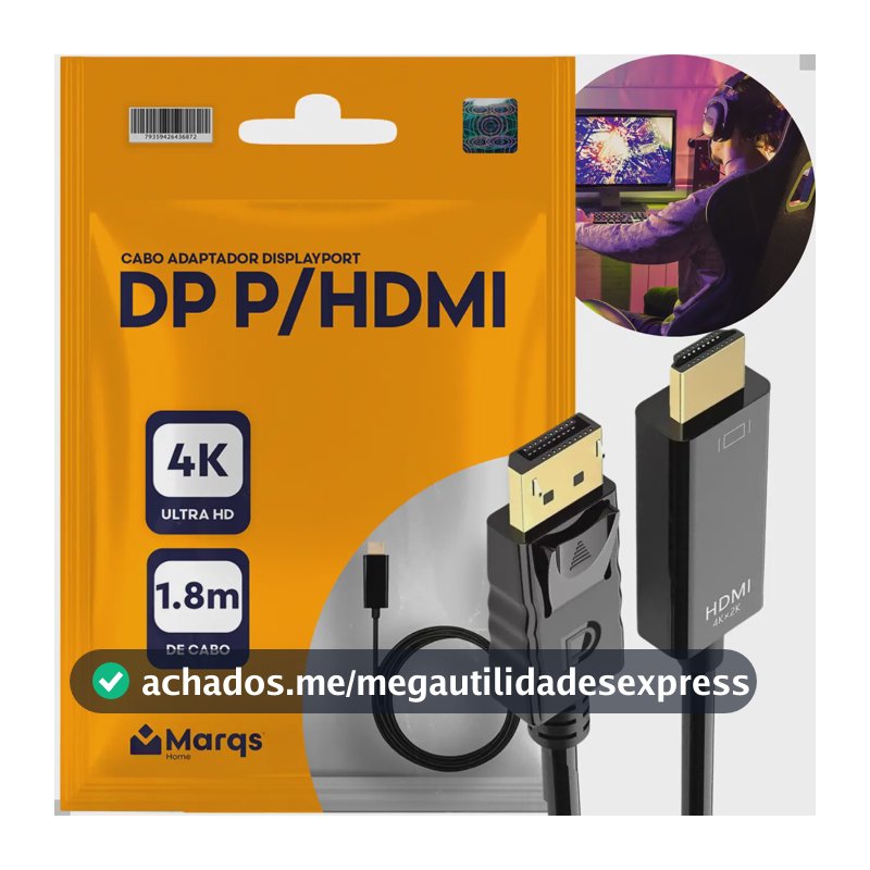 Cabo Adaptador DisplayPort para HDMI 1,8m Marqs Home 4K 120Hz Full HD Blindado Ultra High Speed Premium para PC Monitor TV Projetor