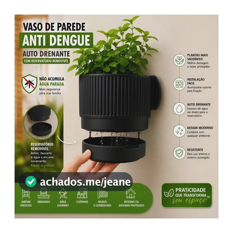 Vaso De Planta Parede Auto Drenante Anti Dengue Reservatório Preto Vaso Preto 01 Unidade