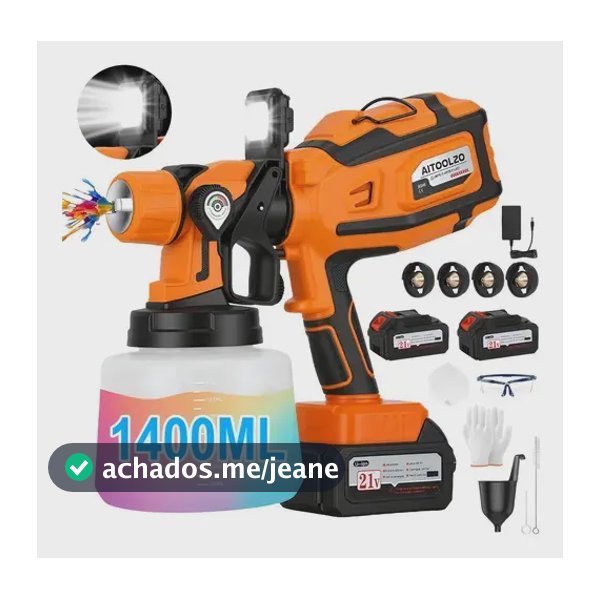 Pistola De Pintura Elétrica Sem Fio Portátil 1400ml + 2 Baterias E Led 4 Bicos