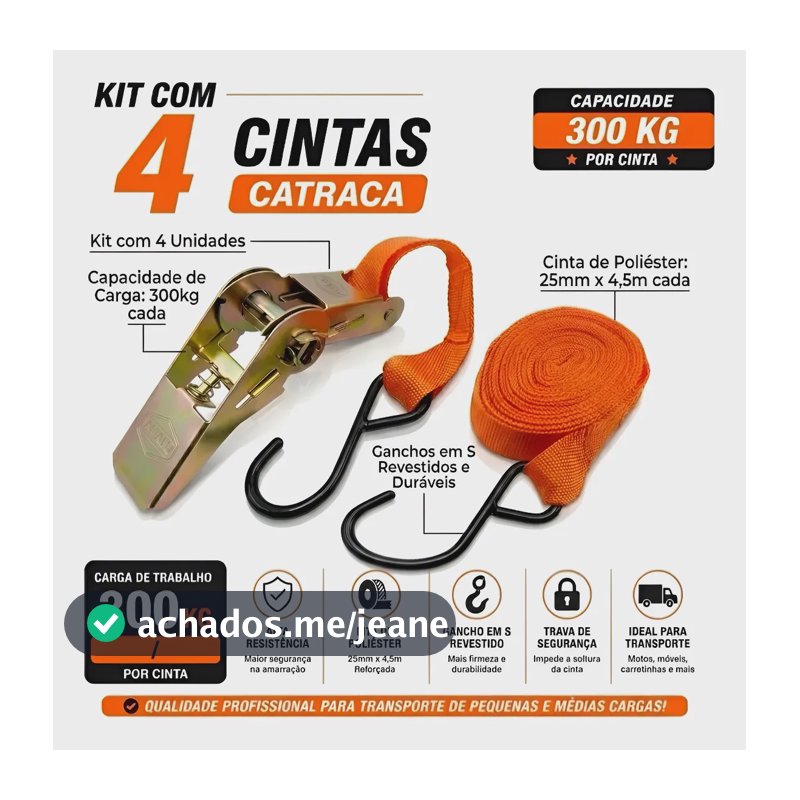 4x Cinta Catraca 300kg Reforçada Amarração Carga 4,5m Gancho Laranja