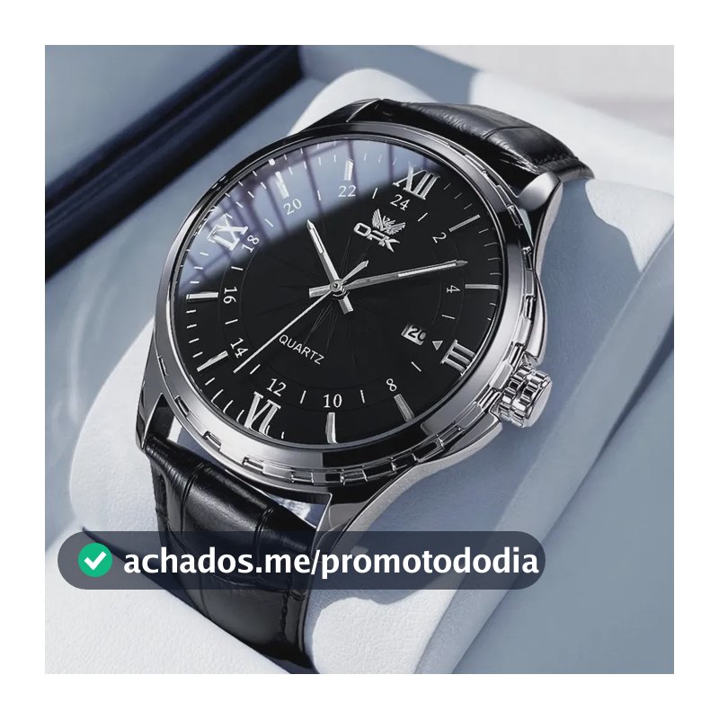 Opk Relógio Masculino Preto Couro Luminoso Quartzo 6003 Bisel Prateado