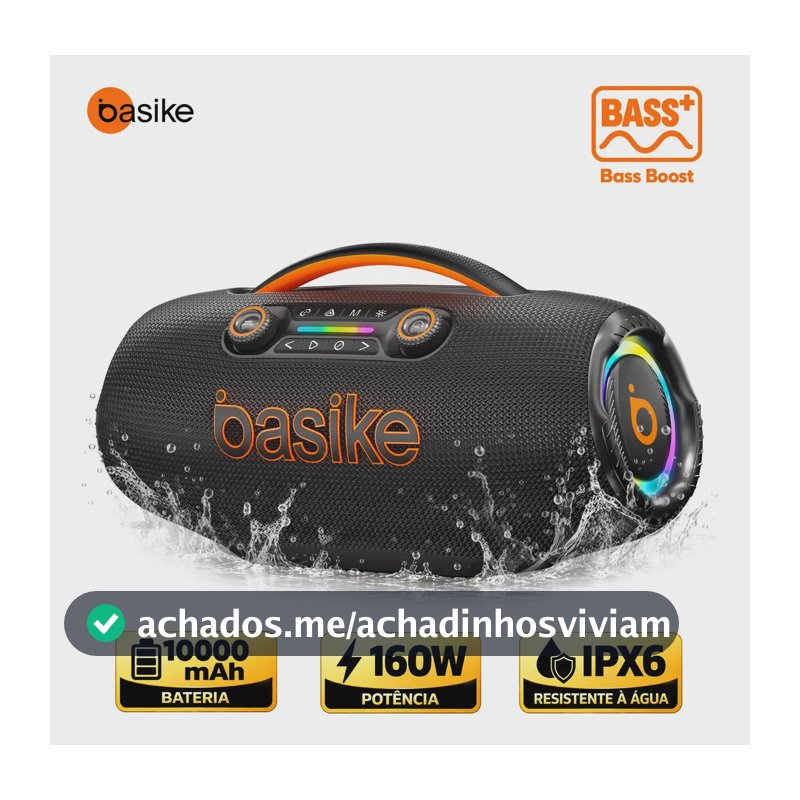 Basike Caixa de Som Bluetooth 160W RMS Boombox TWS Bass Boost IPX6 RGB 10000mAh 12h USB TF AUX Estéreo HiFi Subwoofer Powerbank Portátil Praia Camping Churrasco Festa Viagem Preto