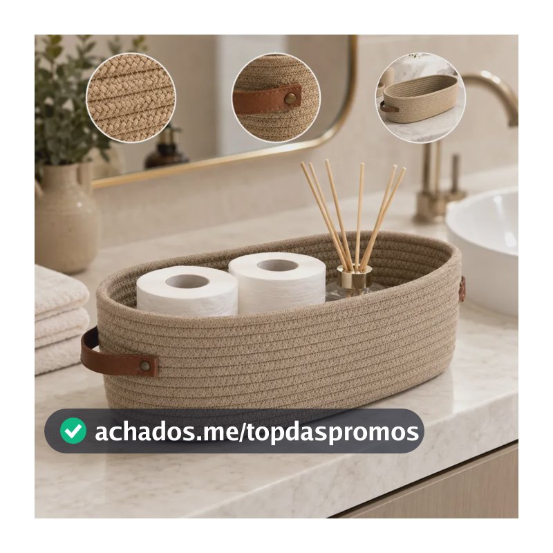 Cesto Organizador Multiuso Em Algodão Trançado Decorativo Premium Com Alças De Couro Para Brinquedos E Roupas