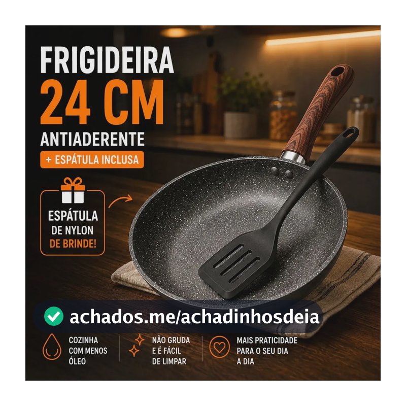 Frigideira Antiaderente Cerâmica Granito 24cm com Espátula Cabo de Madeira Indução Cooktop e Fogão a Gás Não Gruda Sem Óleo Viacruz
