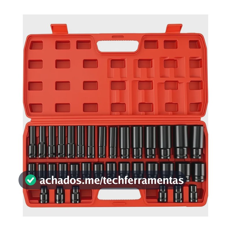 Jogo Soquete Sextavada Impacto 35pçs 1/2 8-32mm Chave Canhão Vermelho