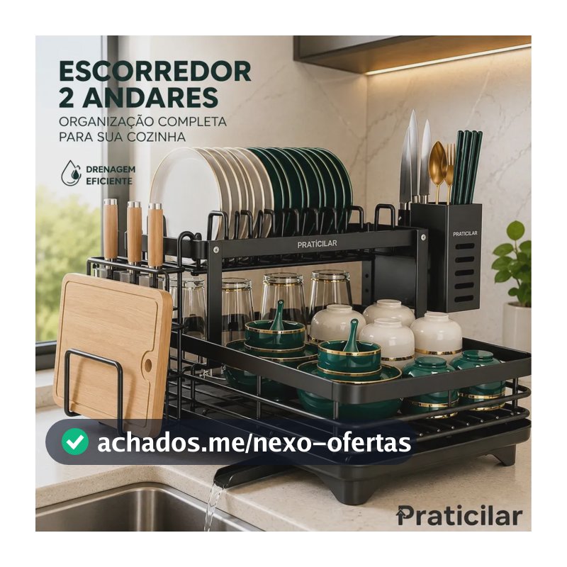 Escorredor De Louça Secador De Pratos Cozinha Aço Inox Preto 2 Andar Porta Talher Tigela E Copos Praticilar