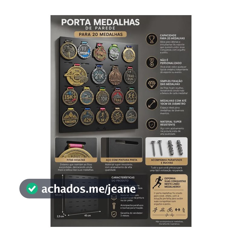 Porta Medalhas De Parede Em Aço - 20 Medalhas Preto