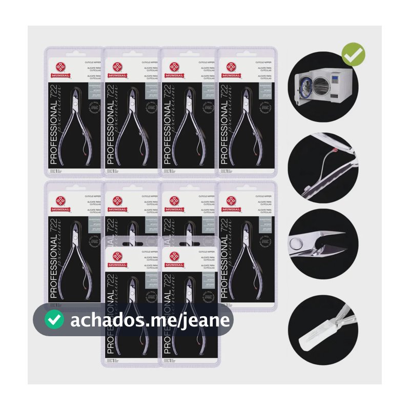 Kit c/ 10 Alicates de Cutícula Manicure Mundial 722PR Professional Premium Aço Inox Autoclave e Estufa