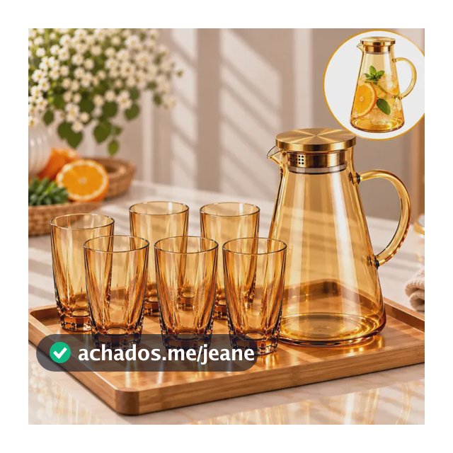 Kit Jarra E 06 Copos Vidro Tampa Inox Conjunto Suco Água Âmbar Transparente Dourado 06 Copos