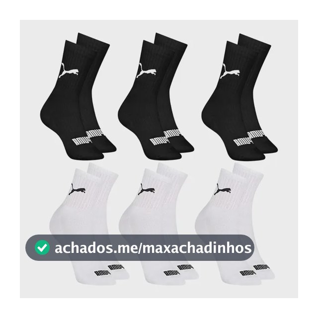 6 Pares Meias Puma Cano Médio Alto Atoalhada Academia Sport
