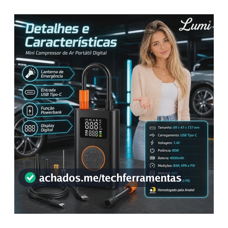 Compressor de Ar Digital Portátil Lumi, Sem Fio, Para Carro e Moto