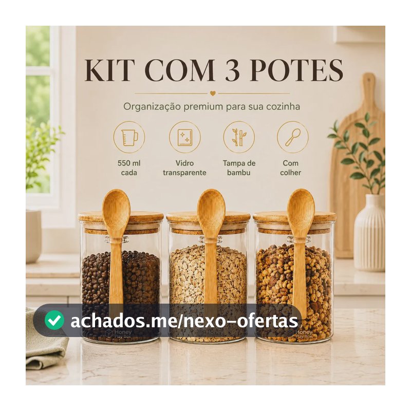 Kit 3 Potes Herméticos Vidro Borossilicato 550ml Tampa Bambu Colher Porta Mantimentos Café Açúcar Sal Temperos Condimentos Alimentos Secos Organizador Cozinha Vedação Silicone Hermético Honey Play Box