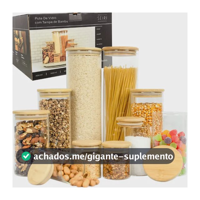 Kit 10 Potes Herméticos Vidro Tampa Bambu Seiri Para Mantimentos Cozinha Transparente