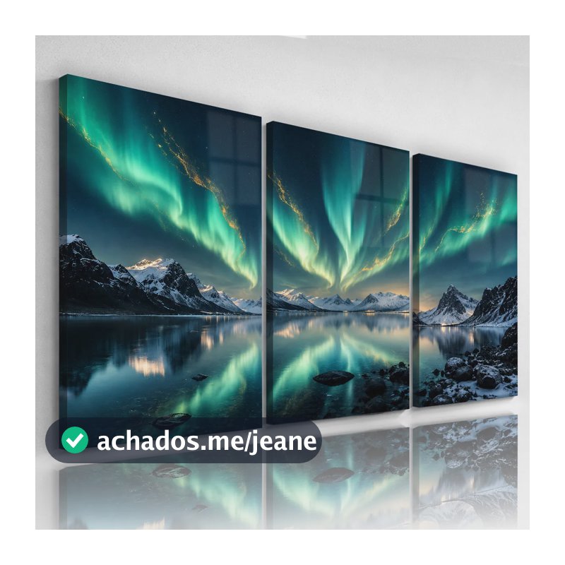 Quadro 3 Peças Aurora Boreal Neve Lago Noite Sala Quarto .