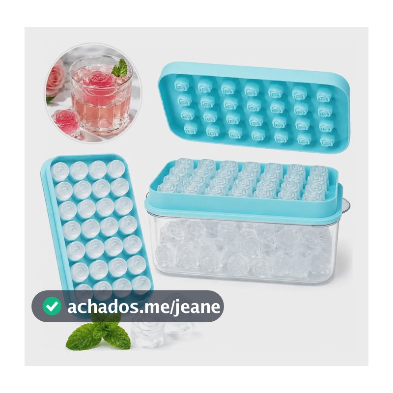 Forma De Gelo Silicone 28 Cubos Em Formato De Rosa Com Reservatório E Tampa Azul