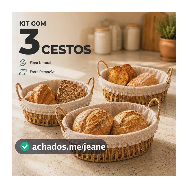 Kit 3 Cestos Porta Pão Oval Artesanal 29cm Com Alça Forro Removível Em Tecido Conjunto Para Mesa Posta Café Da Manhã Cozinha Organização Decoração VIVATUTTO
