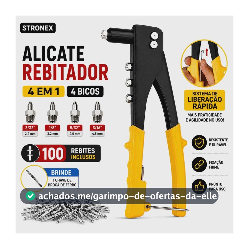 REBITADOR MANUAL REBITADEIRA DE ALICATE 4 BICOS REBITE ALICATE DE REPUXO ALUMÍNIO KIT 100 REBITES UNIVERSAL PROFISSIONAL STRONEX