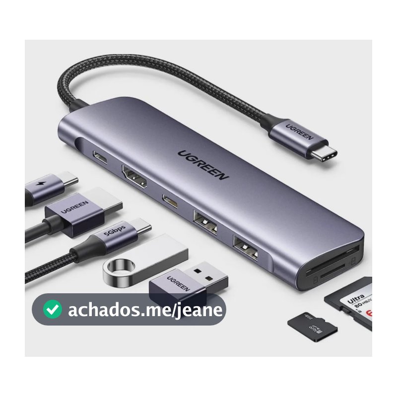 Hub Tipo-c Ugreen Para 2 Usb 3.0 + Hdmi + Usb-c + Sd/tf +pd Prateado