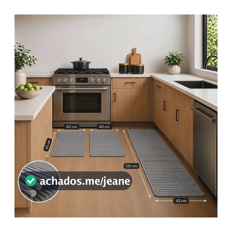 Jogo 3 Peças Tapete Passadeira Antiderrapante Impermeável 1.2 M 43 Cm Cinza