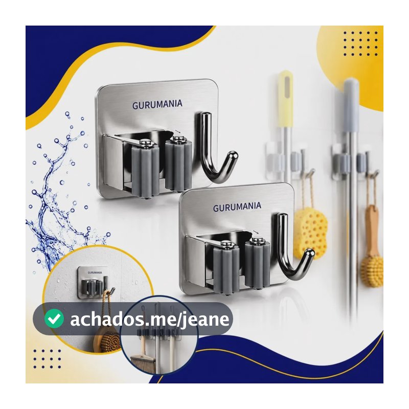 Kit 02 Suporte Vassouras Adesivo Inox Parede Gancho Organiza Boa Dica