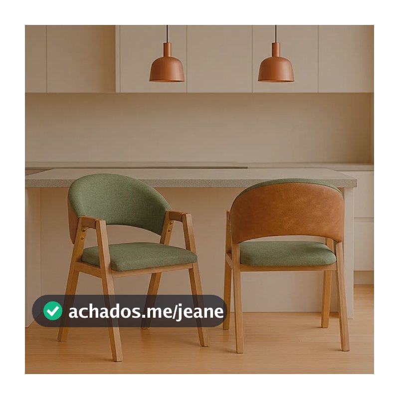 Kit 2 Cadeiras De Sala Jantar Estofadas Madeira Maciça Luxo Linho E Corino Madeira Maciça Verde E Caramelo