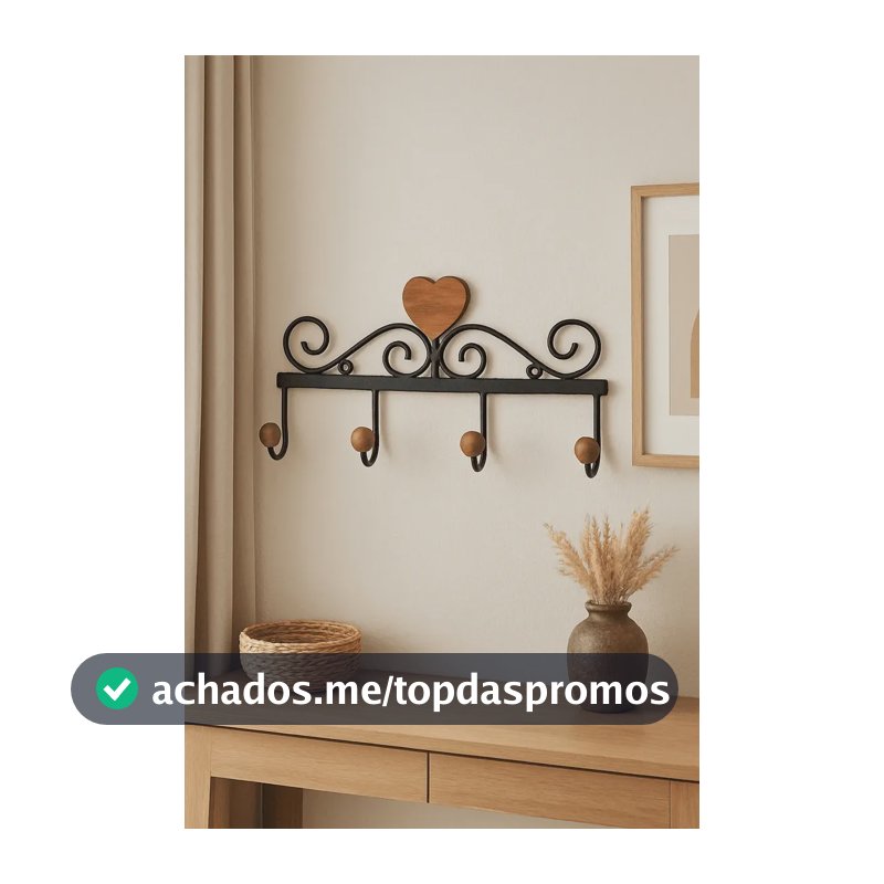 Cabide Em Ferro Coração Parede 4 Ganchos Artesanal Preto
