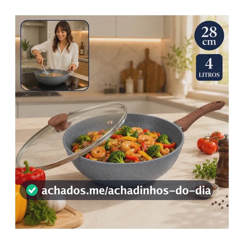 Frigideira Grande Wok Cerâmica Antiaderente 28 cm, Com Tampa de Vidro, Para Indução e Gás