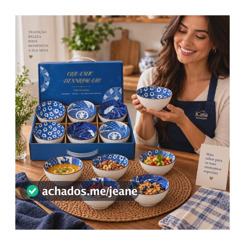Kit 6 Bowls Cumbuca Tigela Colorida Sopa 280ml Porcelana Azul