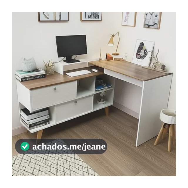 Mesa Para Escritório Escrivaninha Em L Retrô 136x120cm Hecol Móveis HO-2984 Branco e Nogal
