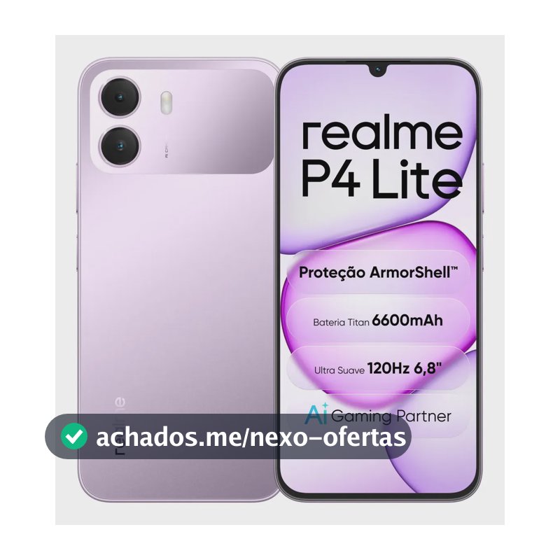 Celular Smartphone realme P4 Lite 128GB 4GB Ram (+6gb ram virtual boost) Dual Sim, Bateria Titan 6600mAh, chipset octa-core, Tela 6,8" 120Hz, Proteção ArmorShell, AI Gaming Partner, Violeta