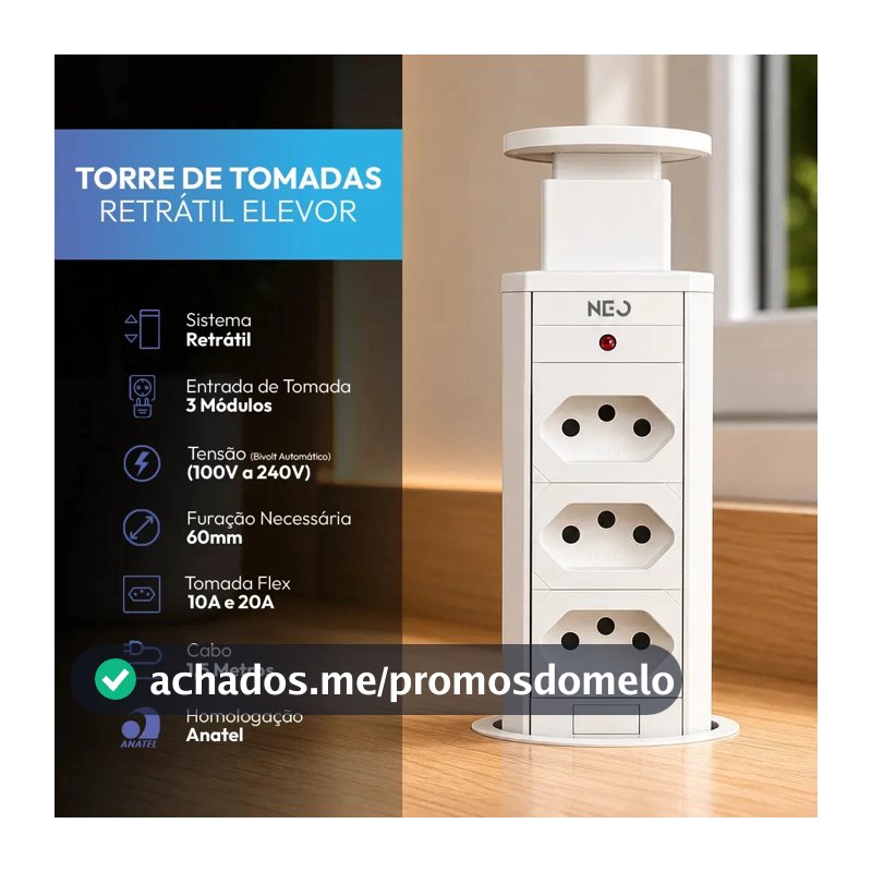 Torre 3 Tomadas Embutir Retrátil Elevor Para Bancada Branco Cod: 370025676 Neo Avant