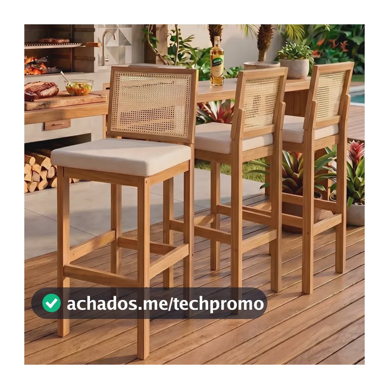 Kit 3 Banquetas Altas de Madeira Maciça para Cozinha com Encosto Estofado em Linho