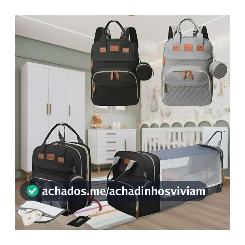 Mochila Bolsa Maternidade Vira Berço Trocador E Mosquiteiro Preto Losango