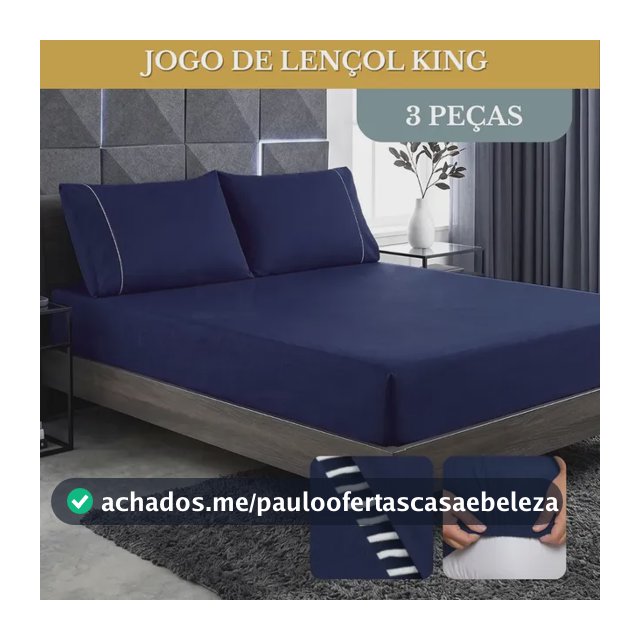 Jogo De Lençol Cama King 03 Peças 400 Fios Ponto Palito Cor Azul-marinho Desenho Do Tecido Lisa