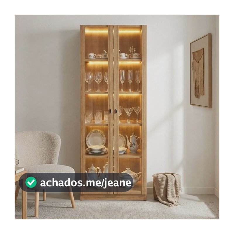 Cristaleira 2 Portas De Vidro 4 Prateleiras Com Led Cr6605 Amêndoa
