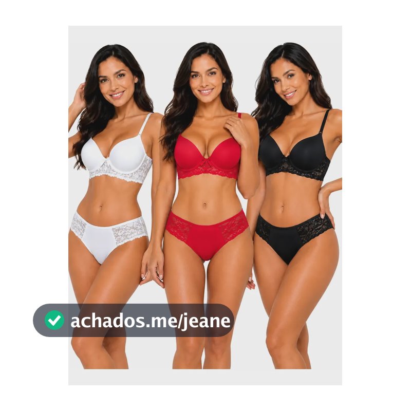 Kit 3 Conjuntos Lingerie Poliamida C/ Renda Premium Preto - Branco - Vermelho G