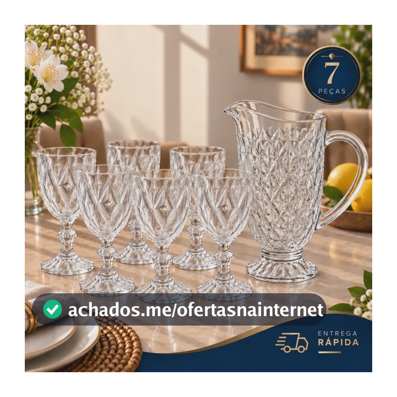 Kit 6 Taças Diamond 375ml + 1 Jarra Diamante 1,2l Vidro Água Transparente