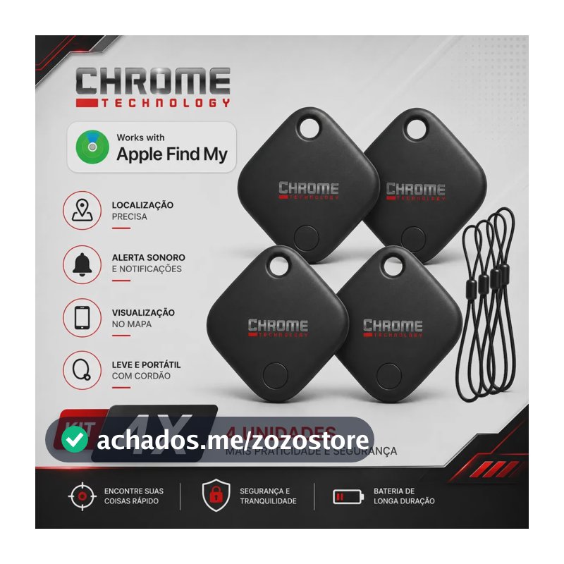 Chaveiro Localizador Smart Tag Kit 4 Rastreador Ios Apple Gps Com Cordão Chaveiro Cor Preto Compatível Com iPhone Chrome Technology
