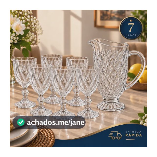 Kit 6 Taças Diamond 375ml + 1 Jarra Diamante 1,2l Vidro Água Transparente